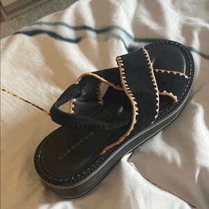 Robert Clergerie Black Suede Platform Sandals with Tan Whipstitch